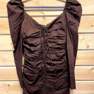 Zara chocolate ruched mini dress with tie front.